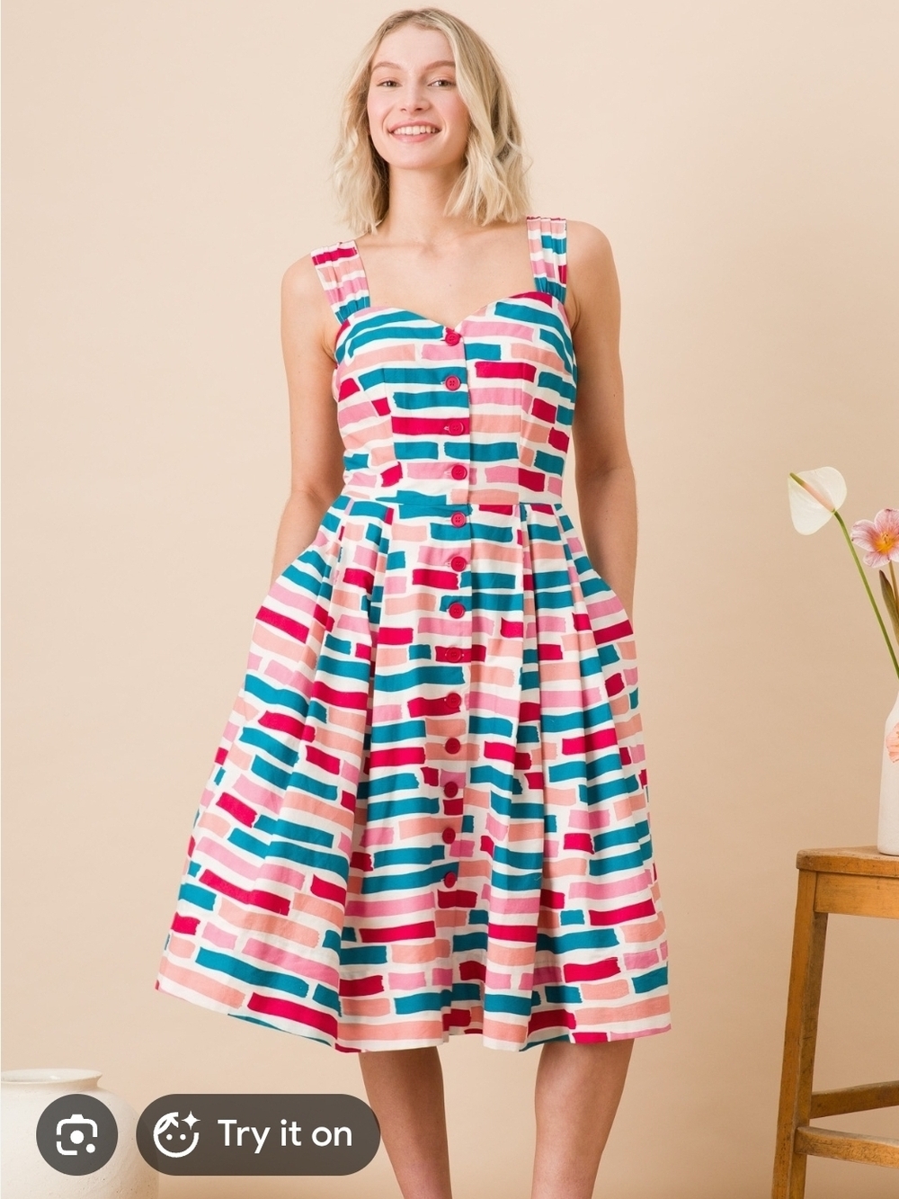 Emily and Fin Sleeveless Pink & Teal Printed Midi Dress  - Size XXL